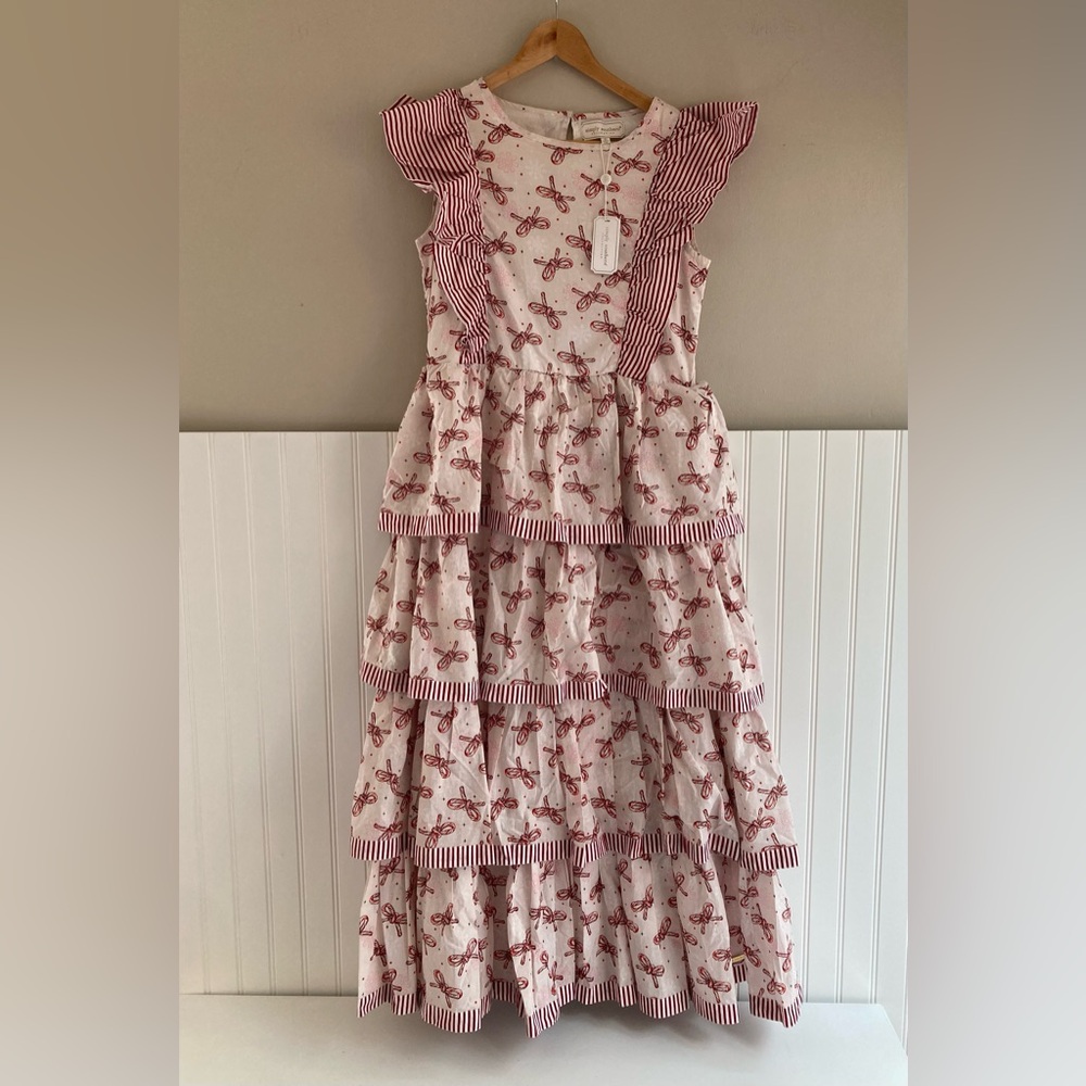 Simply Southern Candy Cane Bow Holiday Ruffle Women's Dress in Pink Small NWT*